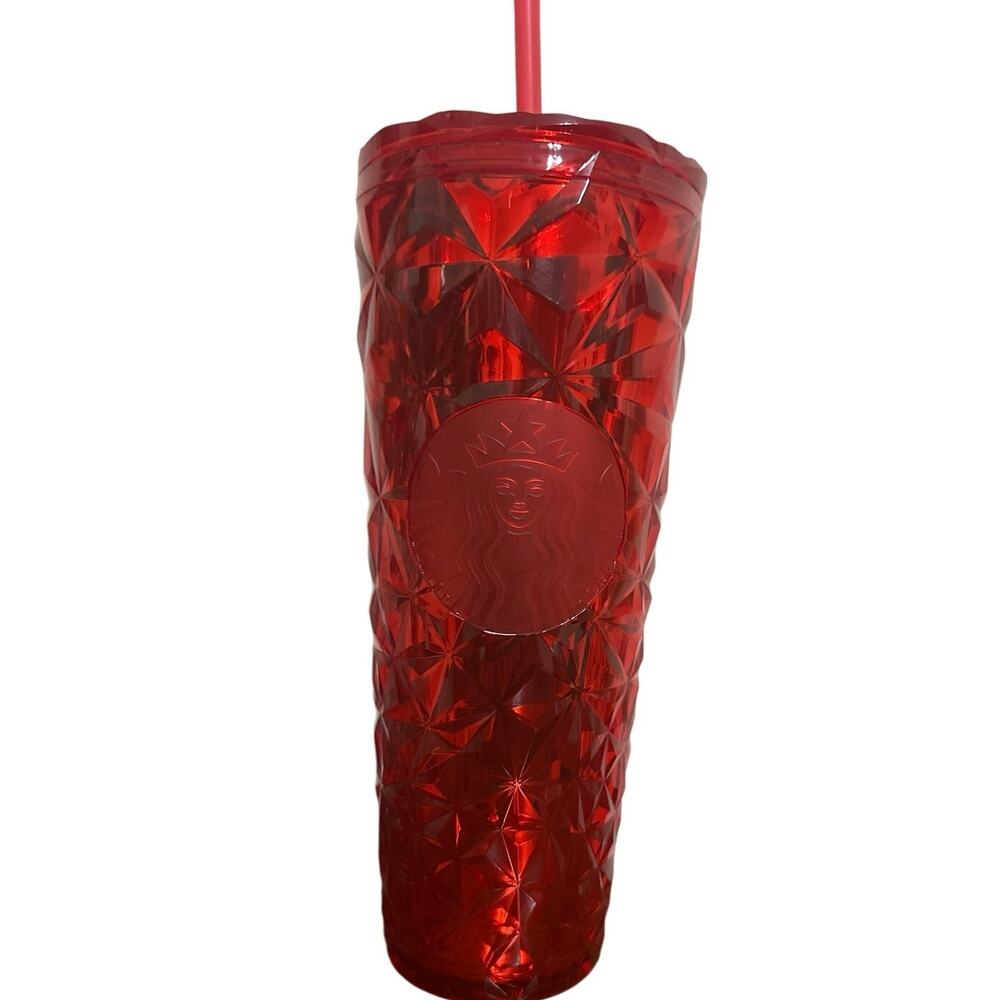 STARBUCKS 2023 Holiday Tumbler Red Diamond Prism Cold Cup 24 Oz Venti With Straw